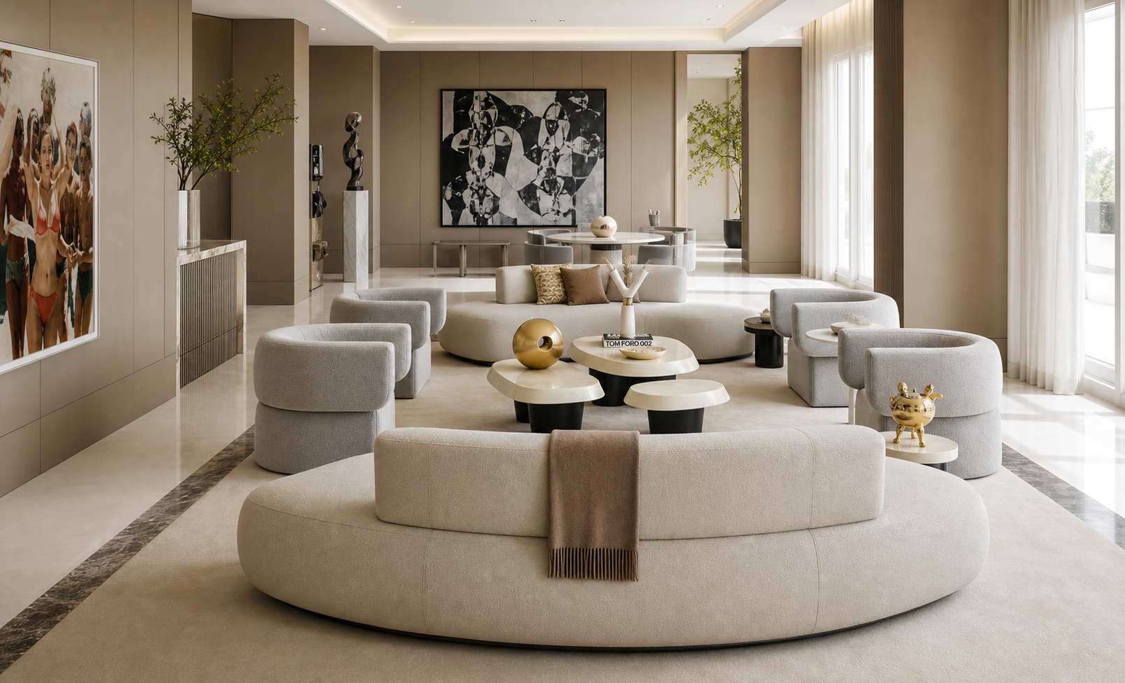 Large luxury lounge with curved sofa, sculptural tables, and soft daylight